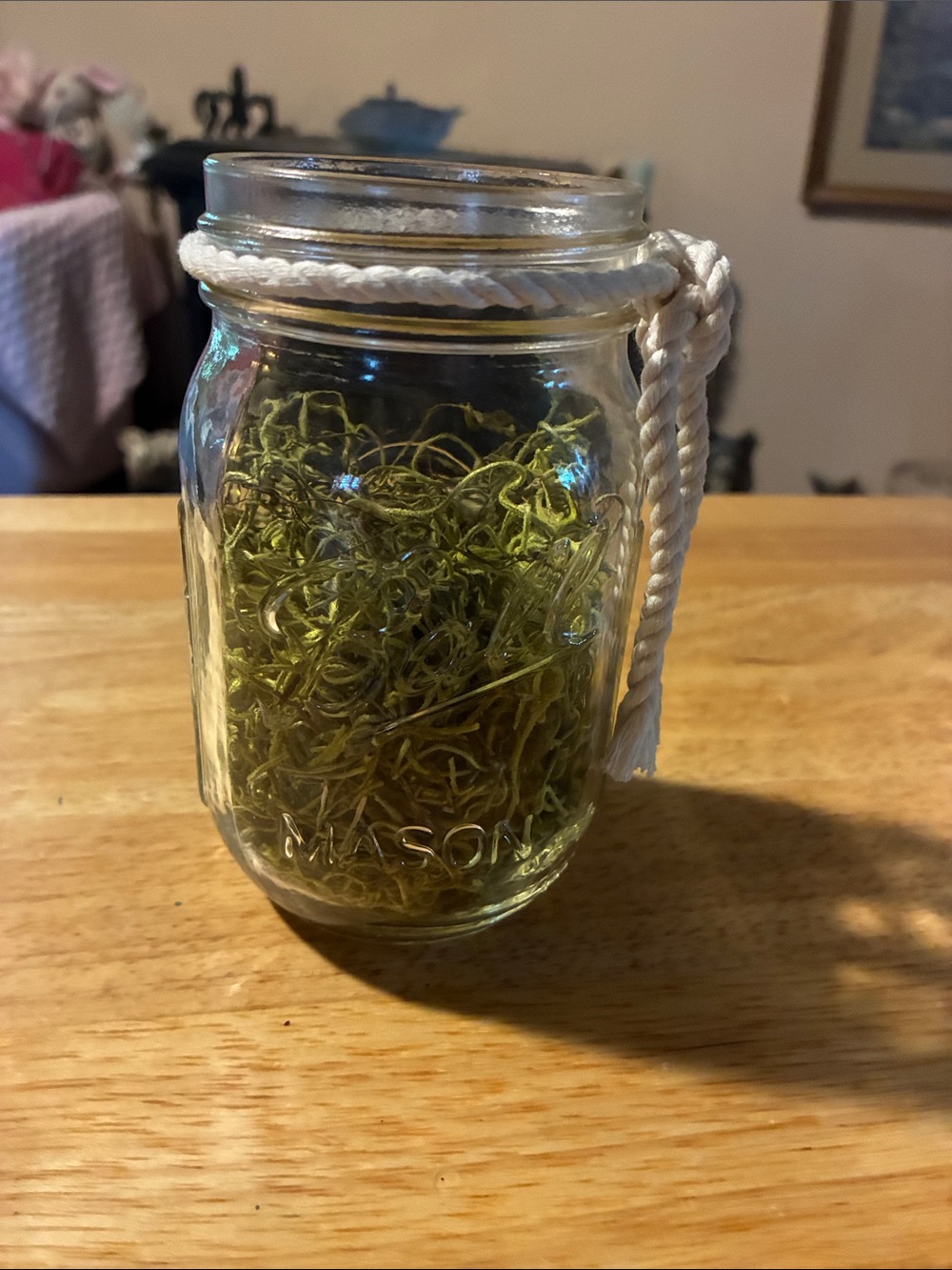 Small Ball Mason Clear Glass Jar with White Rope and  Green  Grass Filler